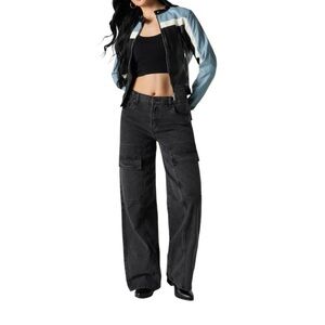 Royalty For Me Black Flare Wide Leg Jeans with‎ Cargo Pockets